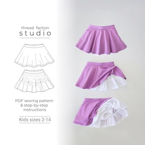 Può includere: Sono mostrate tre viste di una gonna viola per bambini con orlo a balze bianco. L'immagine include anche un disegno a tratto della gonna e il testo "thread faction studio", "PDF sewing pattern & step-by-step instructions" e "Kids sizes 2-14".