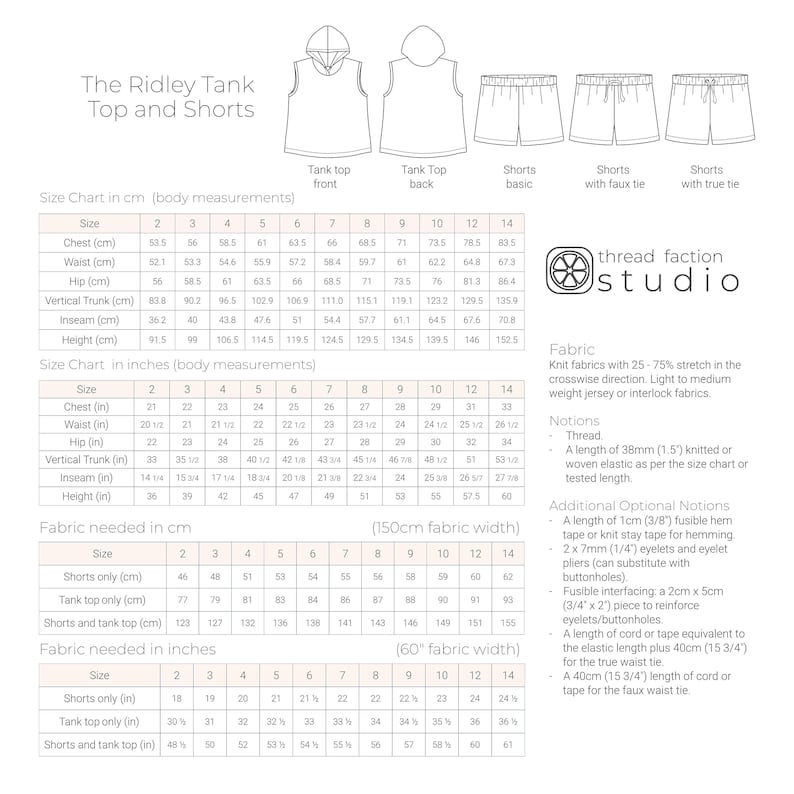 May include: A sewing pattern for a sleeveless tank top and shorts. The pattern includes instructions for making the garment with or without a tie. The pattern is available in sizes 2-14. The pattern is from Thread Faction Studio.