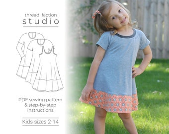 Thread Faction #130 Girls Everyday Swing Dress PDF Sewing Pattern Kids sizes 2 - 14 Petite, Regular, Tall and Extra Tall