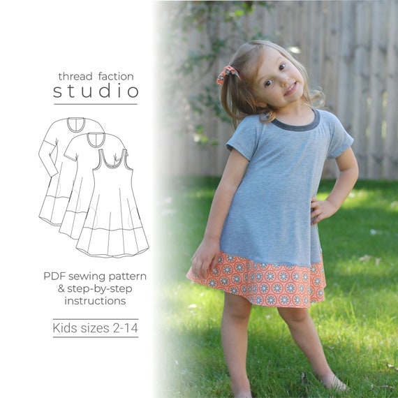 Thread Faction 130 Girls Everyday Swing Dress PDF Sewing Pattern Kids Sizes  2 14 Petite, Regular, Tall and Extra Tall 