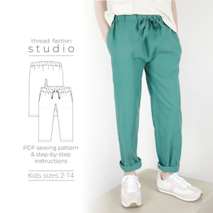 May include: A PDF sewing pattern for kids' pants, sizes 2-14. The pattern includes step-by-step instructions. The image shows a child wearing a pair of teal pants.