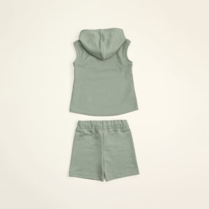 May include: A sage green sleeveless hoodie and matching shorts set for kids. The hoodie has a drawstring hood and the shorts have an elastic waistband.