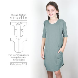 May include: A sewing pattern for a simple, casual dress with pockets. The pattern is for kids sizes 2-14. The pattern is shown in a line drawing with a model wearing a teal version of the dress.