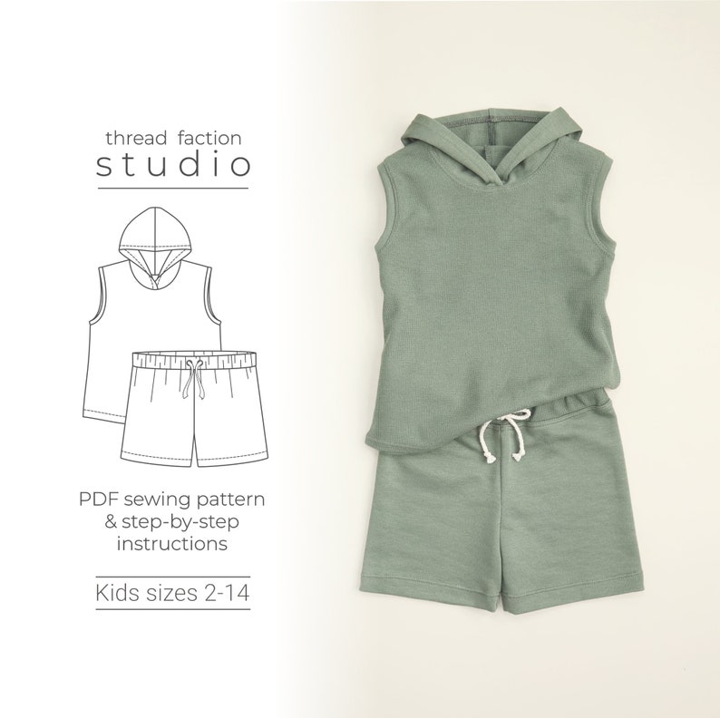 May include: A sewing pattern for a sleeveless hooded top and shorts for kids. The pattern includes step-by-step instructions and is available in sizes 2-14.
