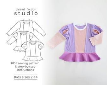 Faden bund | Kindergrößen 2 - 14 | Das Paley Schößchen Top | PDF-Schnittmuster zum Drucken zu Hause oder in einer Printwerkstatt