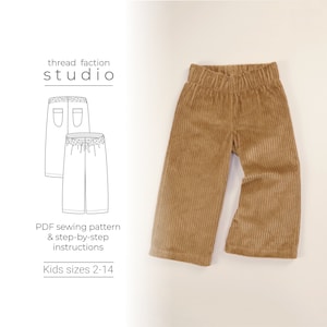 May include: A PDF sewing pattern for kids' corduroy pants, sizes 2-14. The pattern includes step-by-step instructions. The image shows a pair of brown corduroy pants.