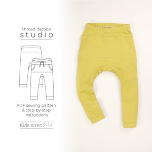May include: A sewing pattern for kids' pants, sizes 2-14. The pattern includes step-by-step instructions. The pants are yellow and have a relaxed fit.