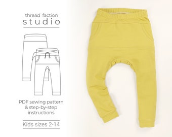 May include: A sewing pattern for kids' pants, sizes 2-14. The pattern includes step-by-step instructions. The pants are yellow and have a relaxed fit.