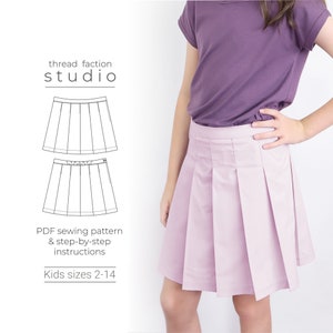 May include: A PDF sewing pattern for a pleated skirt for kids, sizes 2-14. The pattern includes step-by-step instructions. The image shows a young girl wearing a light purple pleated skirt.