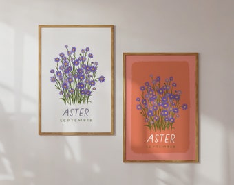 Aster - bloem geboortemaand september - bloemen illustratie kunstdruk