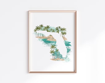 Impression de l’État de Floride - Bord de mer // Silhouette de la carte de l’État