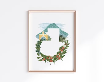 Guatemala Print - Landscape + Coffee // Country Map Silhouette