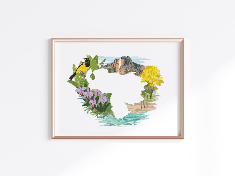May include: A colorful illustration of a bird, flowers, and mountains, forming the shape of a continent. The bird is yellow with black markings and is perched on a branch. The flowers are purple and pink orchids. The mountains are brown and green. The illustration is surrounded by a blue and green river.