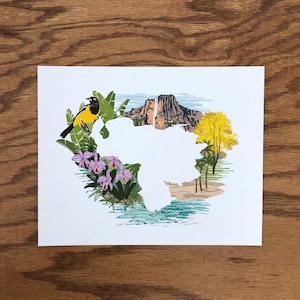 May include: A white silhouette of South America with a yellow bird, purple orchids, and a mountain range in the background. The image is surrounded by a blue border.