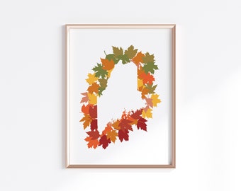 Maine State Print - Maple Leaves // State Map Silhouette