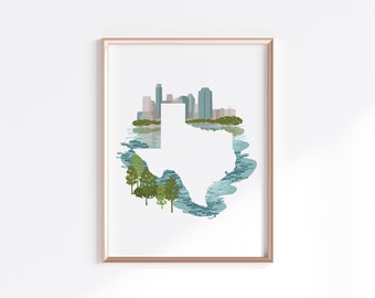 Texas State Print - Austin Skyline // State Map Silhouette
