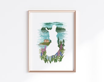 Finland Art Print - Landscape + Wildflowers // Country Map Silhouette