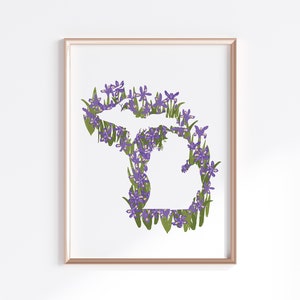 Puede incluir: Una impresión enmarcada del estado de Michigan delineada en flores moradas y verdes. Las flores son una representación estilizada de los iris.