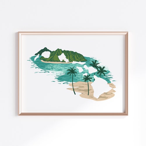 Impression de l'État d'Hawaï - Îles // Silhouette de la carte de l'État