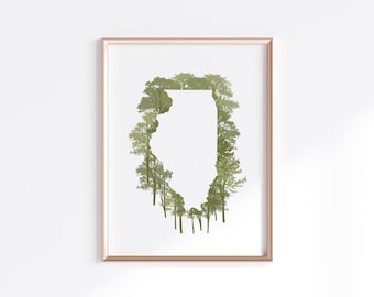 Impresión del estado de Illinois - Roble verde // Silueta del mapa del estado
