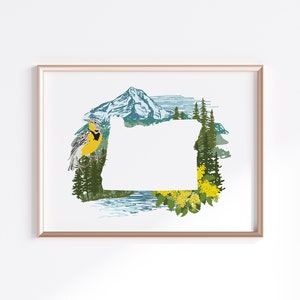 Oregon Art Print - Mt. Hood, Meadowlark, Oregon Grape flower // State Map Silhouette