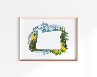 Oregon Art Print - Mt. Hood, Meadowlark, Oregon Grape flower // State Map Silhouette