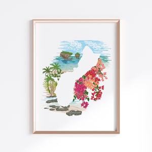 Impresión de Guam - Playas y buganvillas // Silueta del mapa del país
