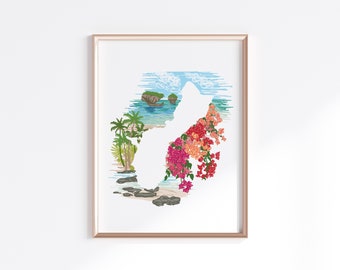 Guam Print - Beaches & Bougainvillea // Country Map Silhouette