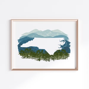 May include: A white silhouette of the state of North Carolina is superimposed on a blue and green watercolour background. The background features a mountain range and trees.