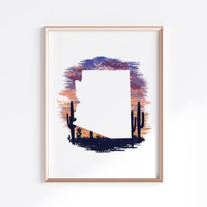 Arizona State Poster - Sonnenuntergang in der Wüste // Silhouette des Bundesstaates Karte
