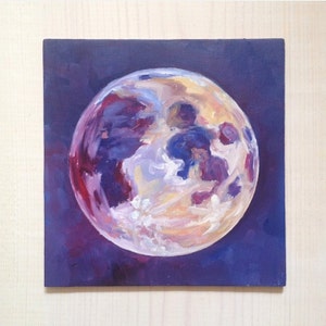 May include: A painting of a full moon in shades of purple, pink, and yellow against a dark purple background.
