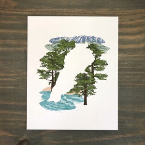 May include: A white silhouette of a mountain range with snow-capped peaks is surrounded by green trees and a blue body of water. The image is a stylized illustration of a mountain scene.