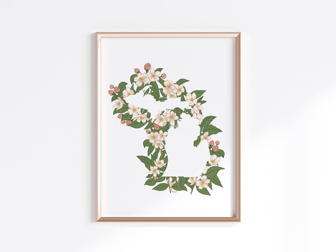 Michigan State Print - Apple Blossom // State Map Silhouette - Etsy