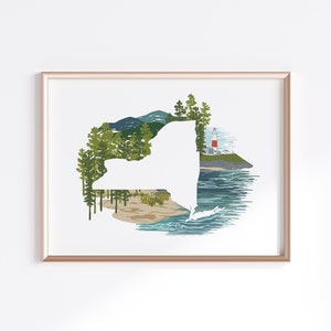 New York State Print - Pines and Beach Landscape // State Map Silhouette