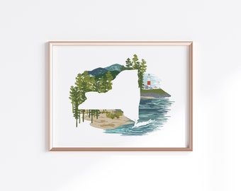 New York State Print - Pines and Beach Landscape // State Map Silhouette