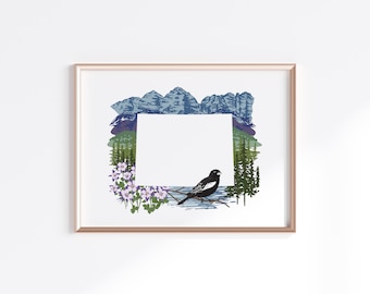 Colorado Art Print - Maroon Bells, Lark Bunting, Columbine flower // State Map Silhouette