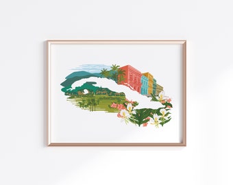 Cuba Print - Mountains, Flowers, Havana  // Country Map Silhouette