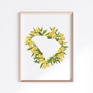 South Carolina State Print - Yellow Jessamine // State Map Silhouette