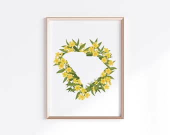 South Carolina State Print - Yellow Jessamine // State Map Silhouette