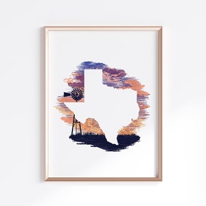 Impression de l'état du Texas - coucher de soleil//Silhouette de carte de l'état
