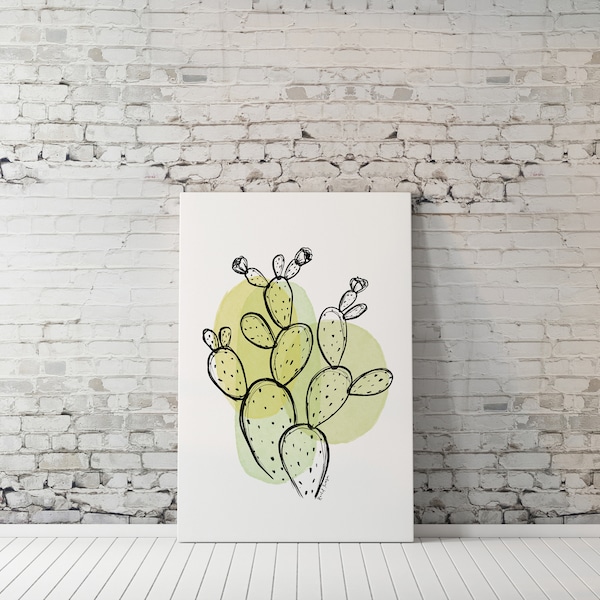 Modern Botanical Print - Prickly Pear Cactus // simple minimalist watercolor charcoal drawing line art