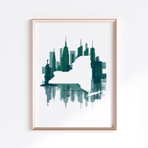 New York State Print - Türkisfarbene Skyline // State Map Silhouette
