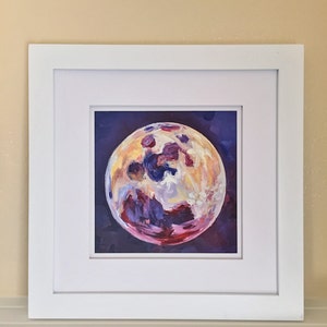 May include: A framed painting of a colorful moon with shades of purple, yellow, and red against a dark purple background.