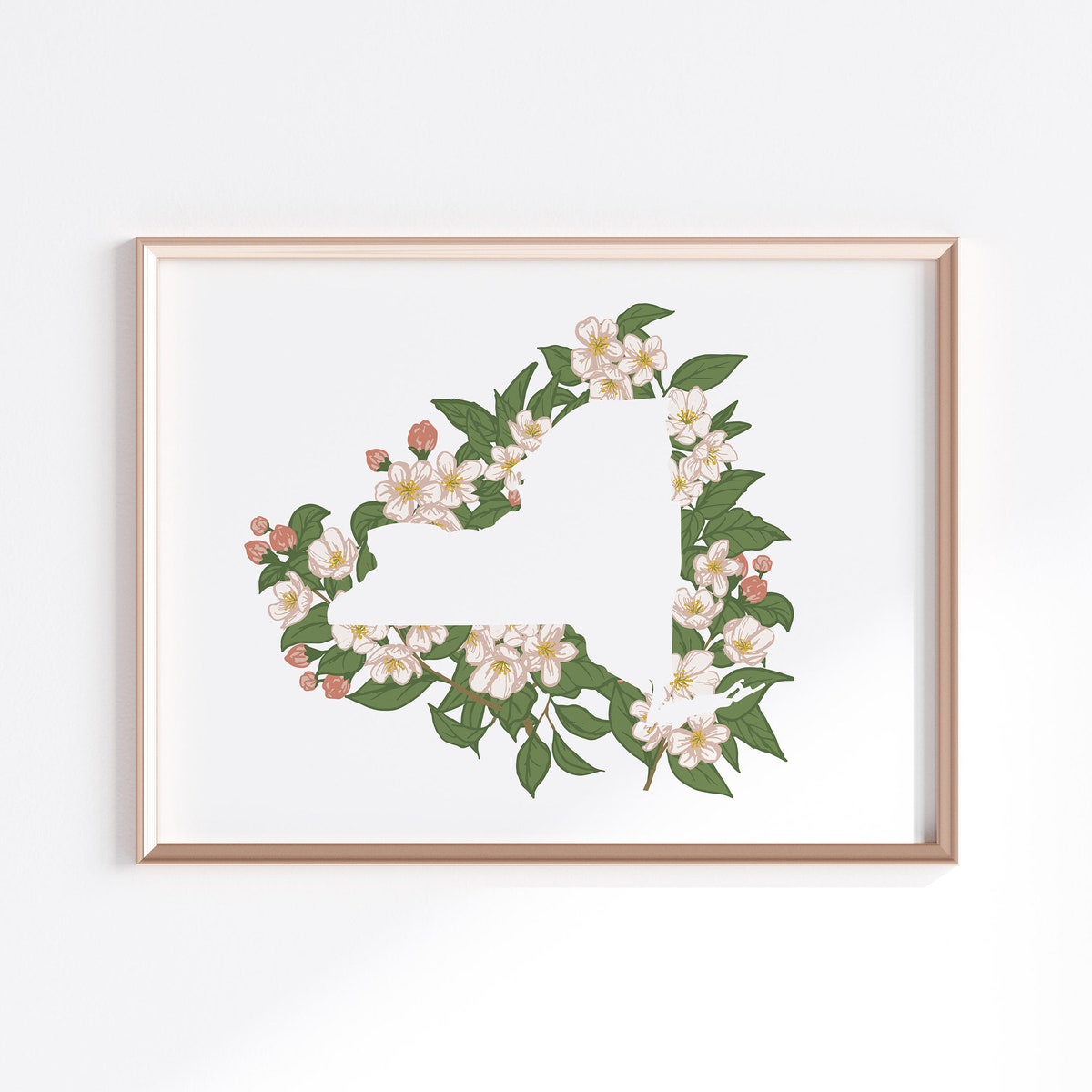 New York State Print - Apple Blossoms // State Map Silhouette - Etsy