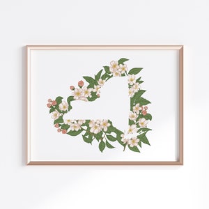 Impression de l'État de New York - Fleurs de pommier // Silhouette de carte de l'État