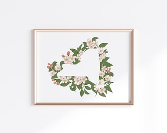 New York State Print - Apple Blossoms // State Map Silhouette