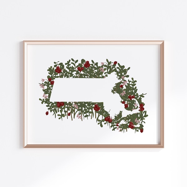 Stampa dello Stato del Massachusetts - Mirtilli rossi // Silhouette della mappa dello Stato