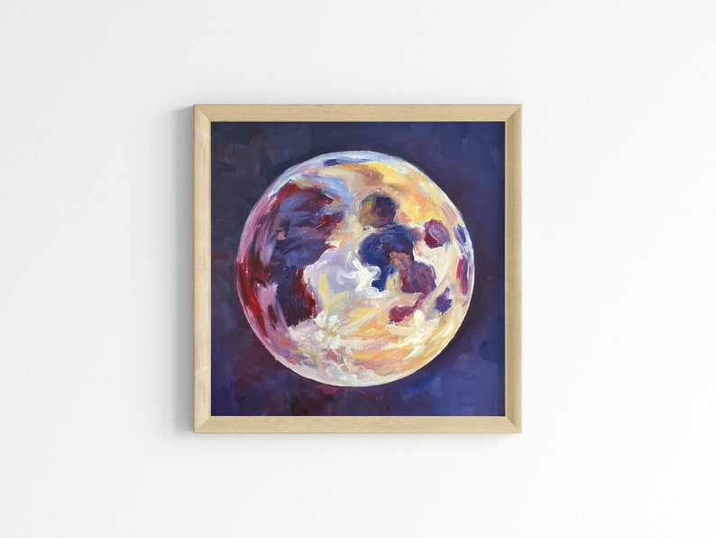 May include: A painting of a large, full moon with a purple, red, and yellow color scheme. The moon is painted in a realistic style with visible craters and shadows.