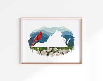 Virginia State Print - Landscape and Cardinal // State Map Silhouette