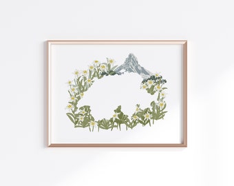 Switzerland Print - Edelweiss and Matterhorn // Country Map Silhouette